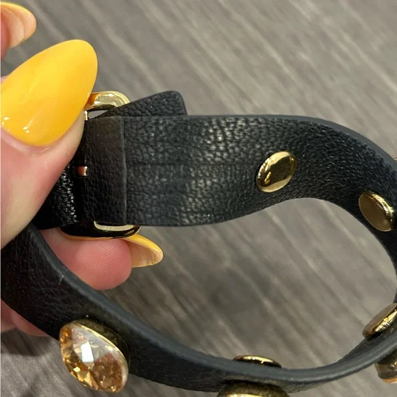 Swarovski Yellow Amber Crystal Genuine Black Leather Gold Buckle Bracelet - Picture 6 of 6